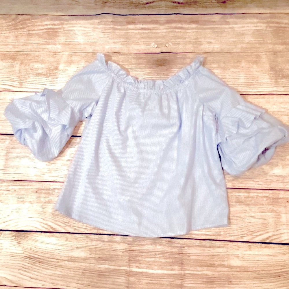 Teen blue and white striped off shoulder top